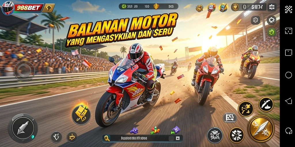 Screenshot utama dari gameplay balapan motor yang intens.