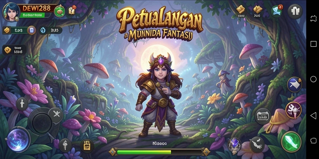 Tangkapan layar dari gameplay DEWI288 yang menunjukkan petualangan di dunia fantasi.