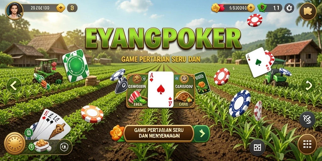 Gameplay EYANGPOKER menunjukkan dunia pertanian yang penuh warna.