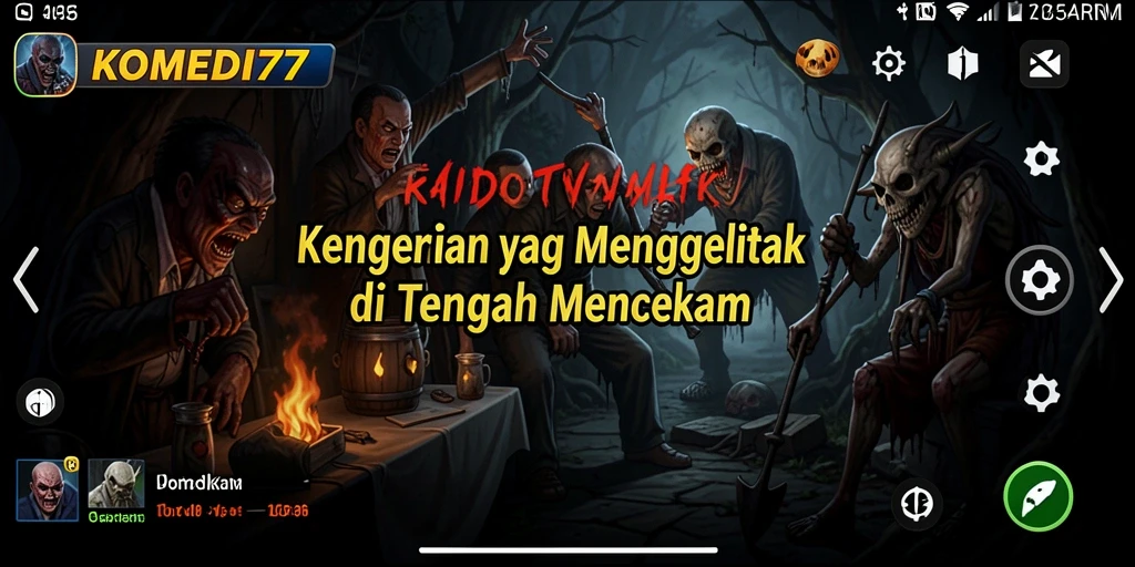 Tangkapan layar gameplay KOMEDI77 menampilkan suasana horor yang mendebarkan dan karakter lucu.
