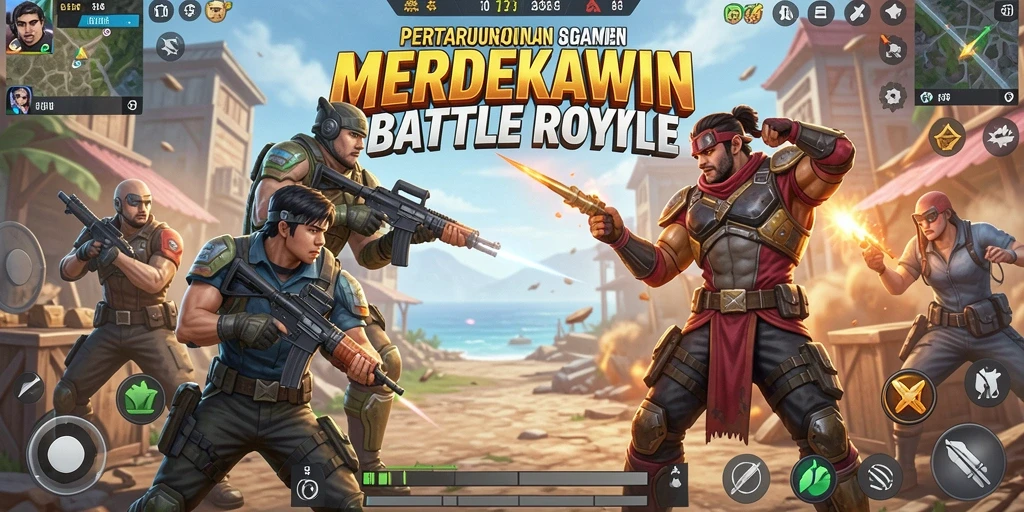 Gameplay seru dalam MERDEKAWIN di tengah pertempuran Battle Royale.