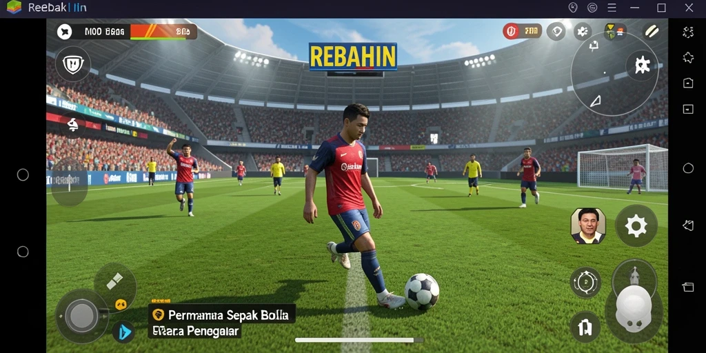 Tampilan gameplay <strong>REBAHIN</strong> dalam pertandingan sepak bola penuh aksi.