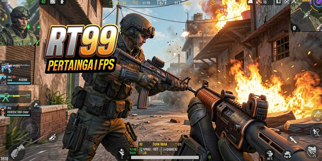 Screenshot gameplay RT99 yang menampilkan aksi tembak-menembak yang mendebarkan.