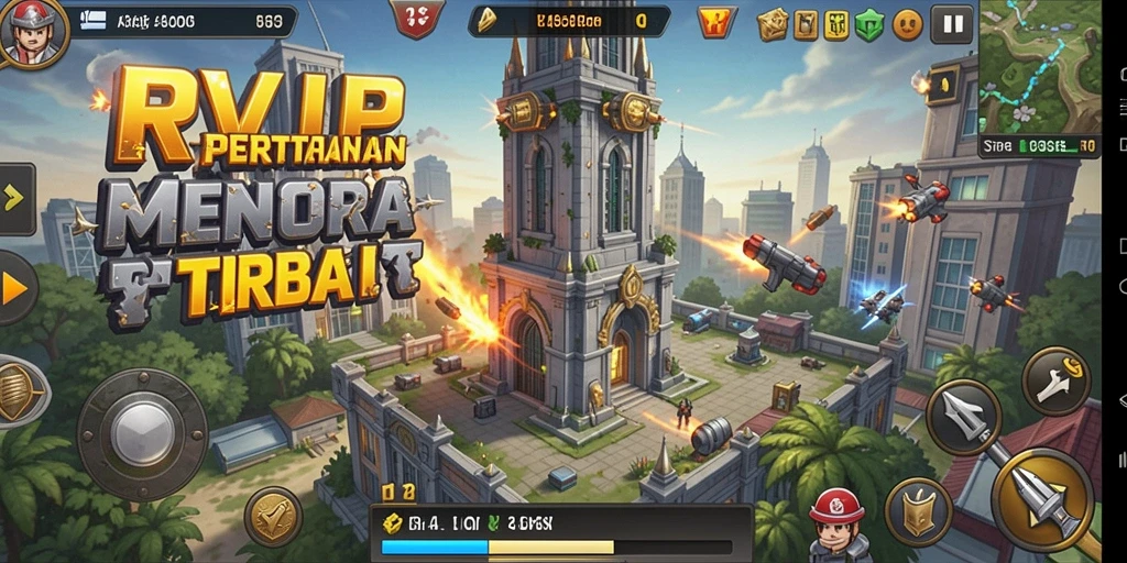 Tampilan gameplay seru dengan menara dan musuh dalam RVIP.