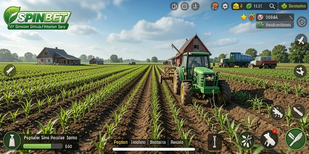 Tampilan gameplay yang menarik dari SPINBET saat memanen hasil pertanian.