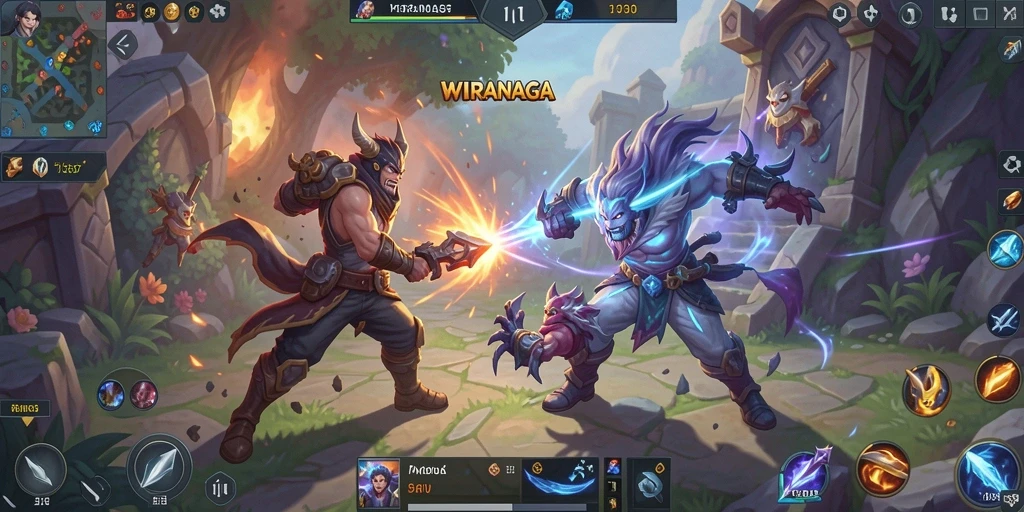Screenshot gameplay yang menampilkan pertarungan epik di WIRANAGA.